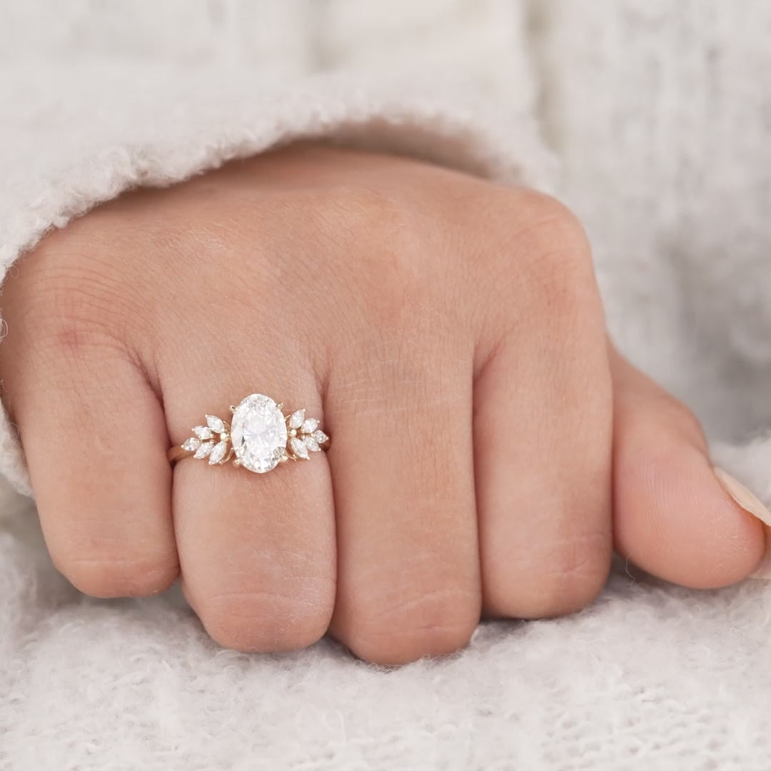 Oval Cut Lab Diamond Ring with Marquise Floral Side Accents