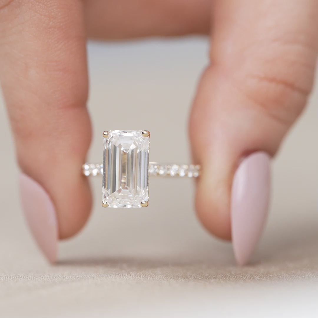 Hidden halo emerald cut lab grown diamond ring for wife gift
