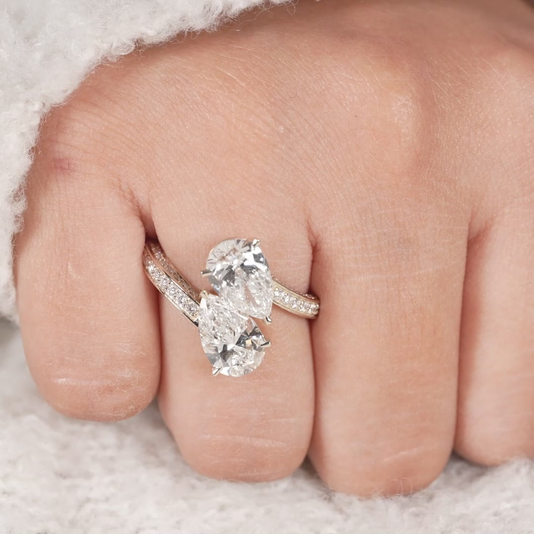 Double Pear Lab Diamond Open Ring with Pavé Gold Band