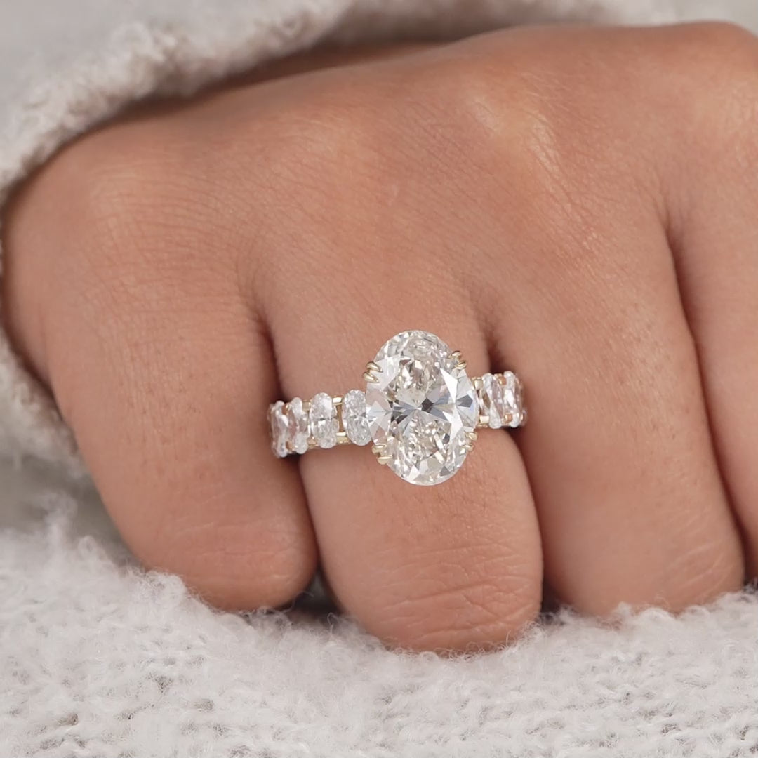 Oval Lab Grown Diamond Hidden Halo Engagement Ring With Oval Side Accent Stones IGI Certified Ring