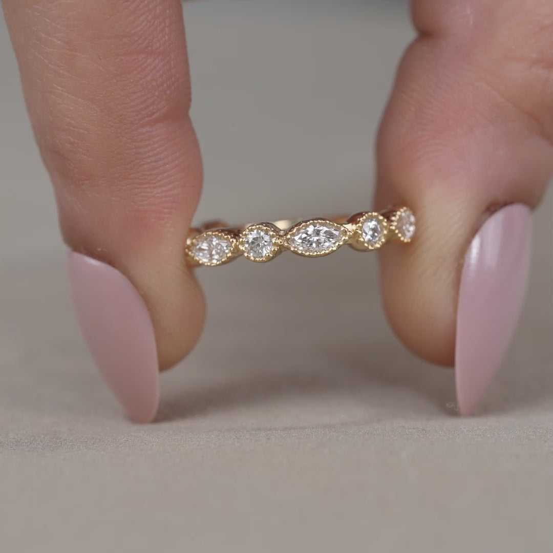 Vintage style marquise lab grown diamond band with milgrain detail