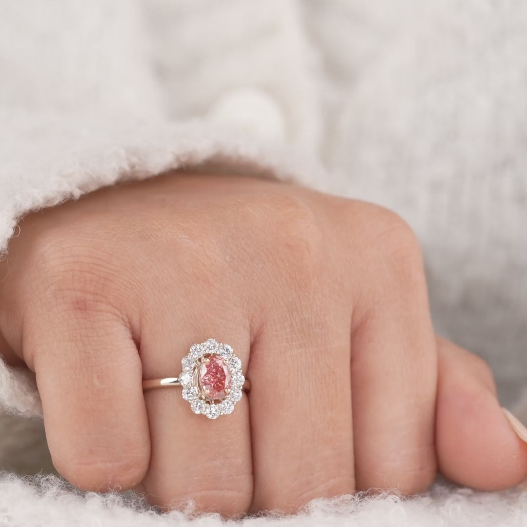 Pink Oval Lab Diamond Ring with Brilliant Halo Diamond Setting