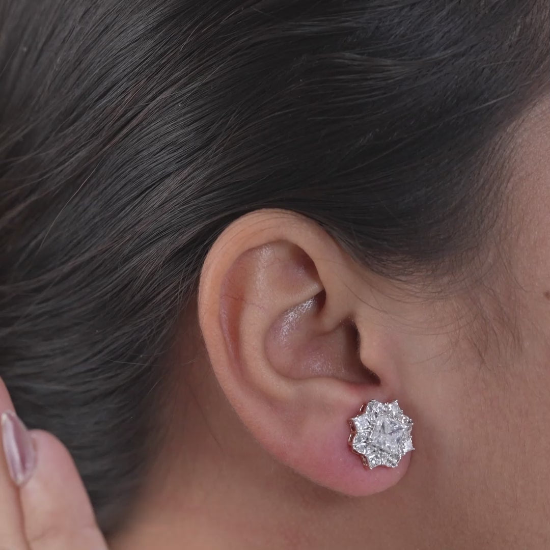 Floral Cluster Princess Cut Lab Diamond Halo Stud Earrings