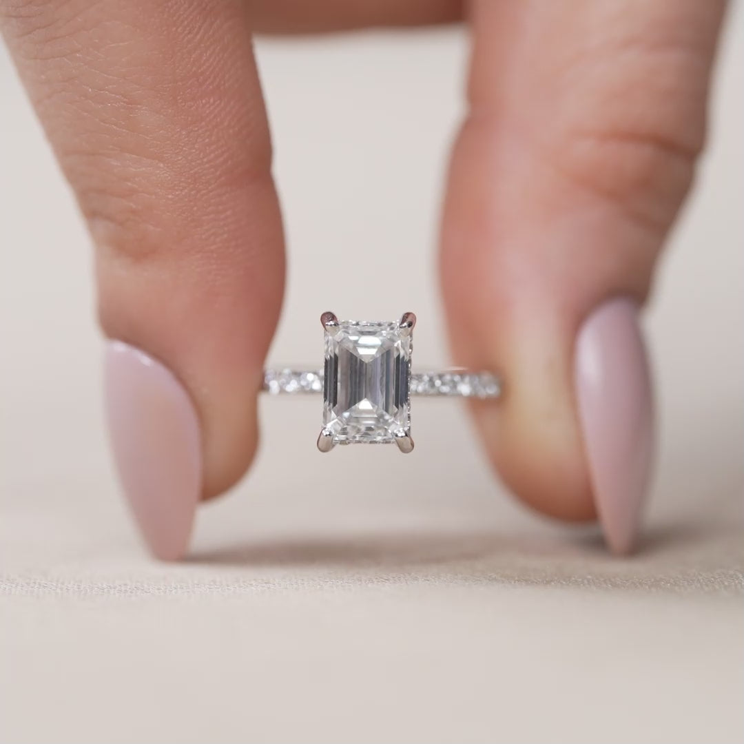 Emerald Cut Lab Diamond Pave Band Solitaire Ring