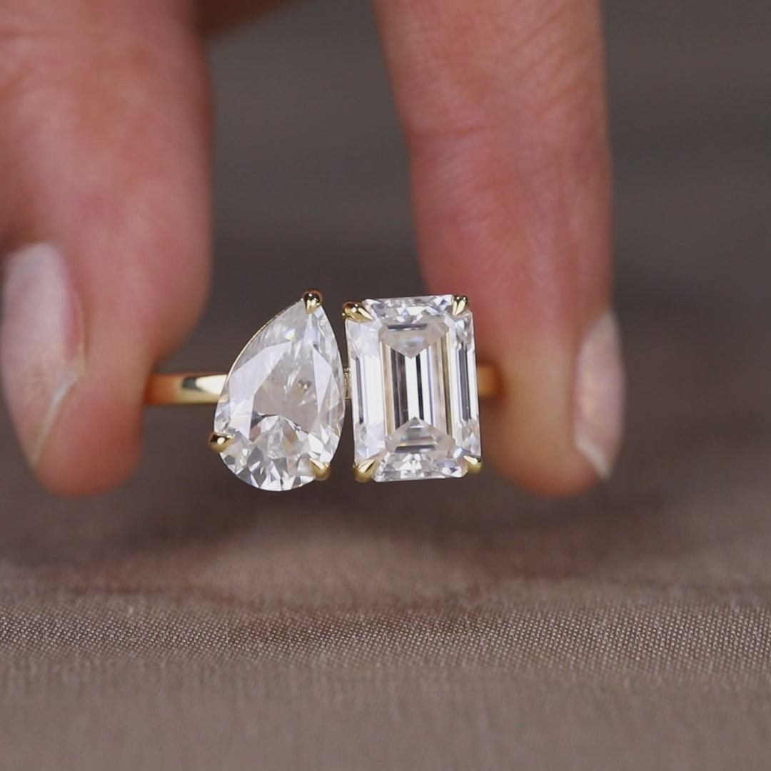 Pear and Emerald Cut Lab Diamond Toi et Moi Engagement Ring, You and Me Ring