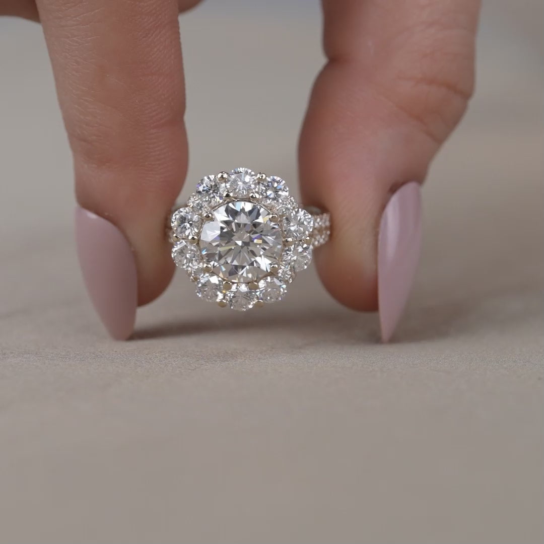 Vintage style round lab grown diamond halo ring in yellow gold