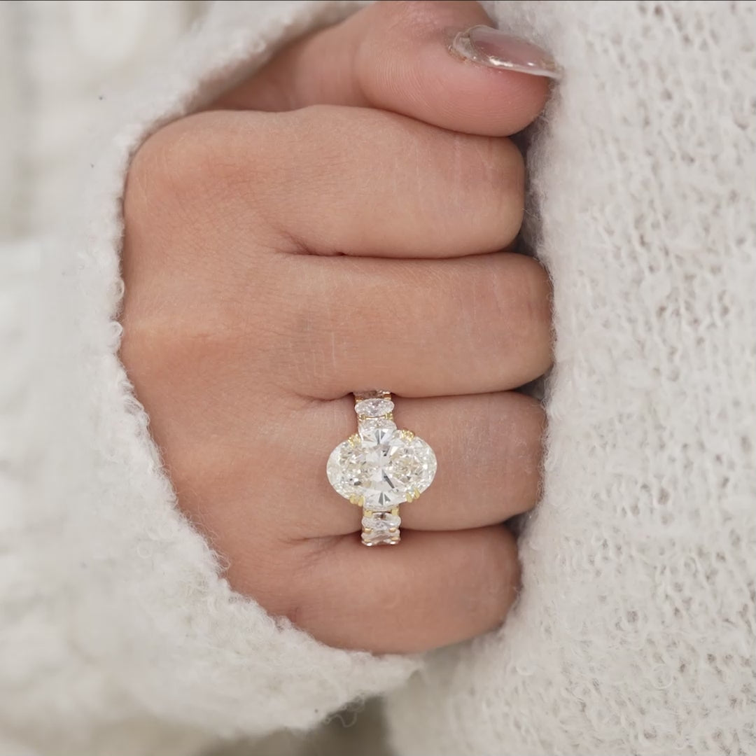 Oval Cut Lab Diamond Ring with Hidden Halo Oval Accent Band