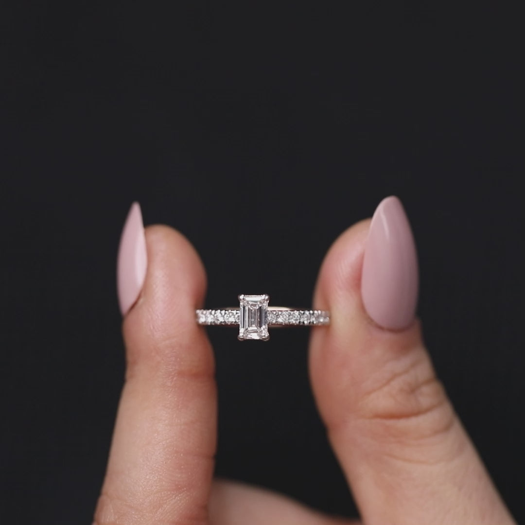 Emerald Cut Solitaire Engagement Ring with Lab Grown Diamond Accents