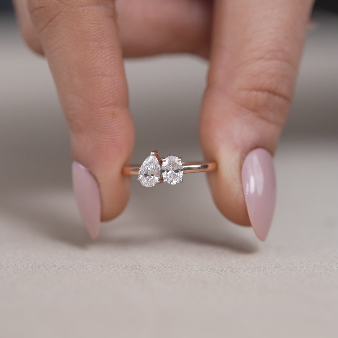 Elegant two stone ring with pear oval lab grown diamond design