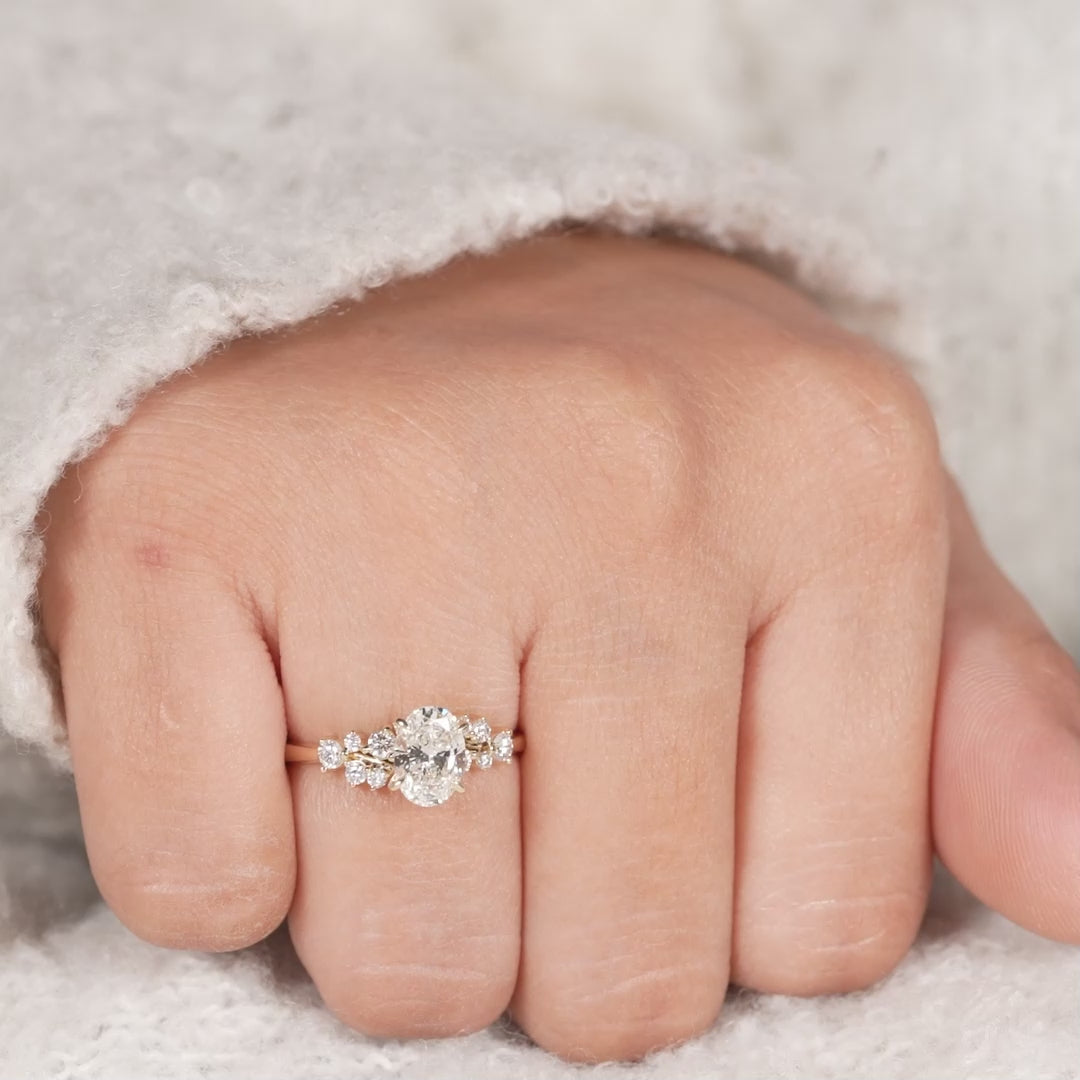 Oval Cut Lab Diamond Ring with Floral Cluster Side Stones