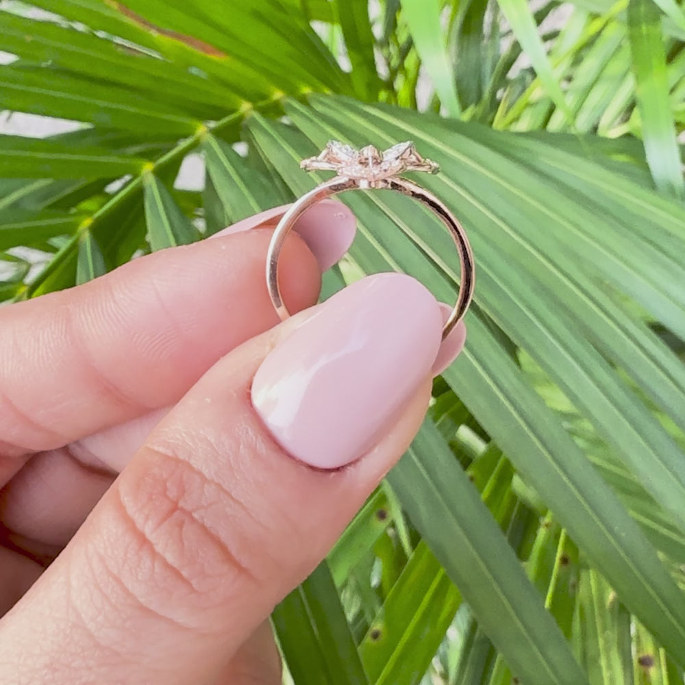 Flower inspired lab grown diamond ring in rose gold with detailed petal accents