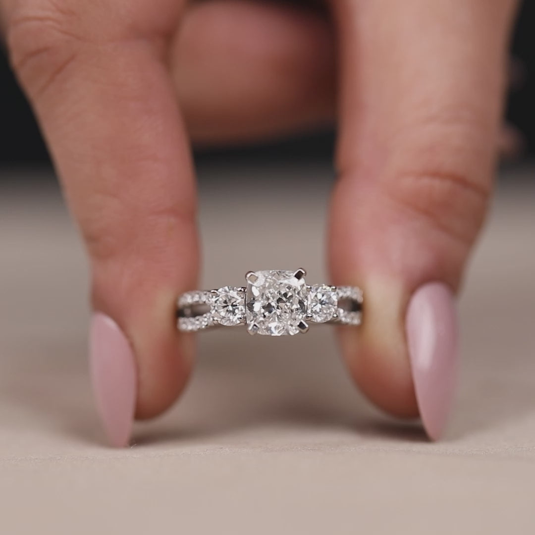 Lab grown cushion cut diamond ring with elegant split band design