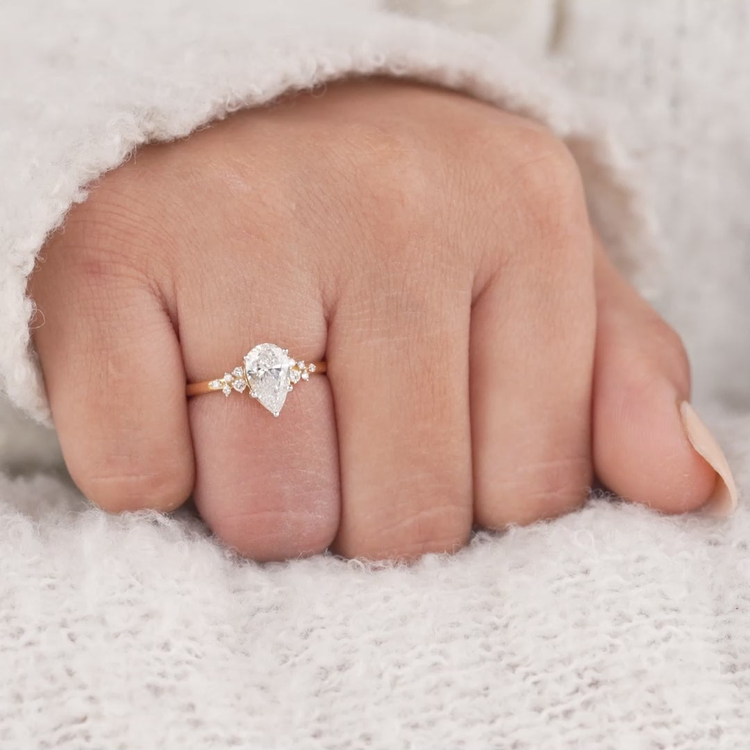 Pear Shaped Lab Diamond Engagement Ring with Floral Side Clusters