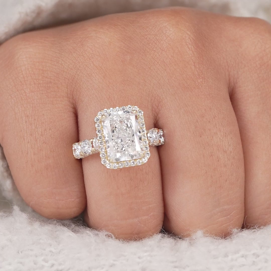 Radiant Cut Lab Diamond Halo Engagement Ring With Full Detailed Band