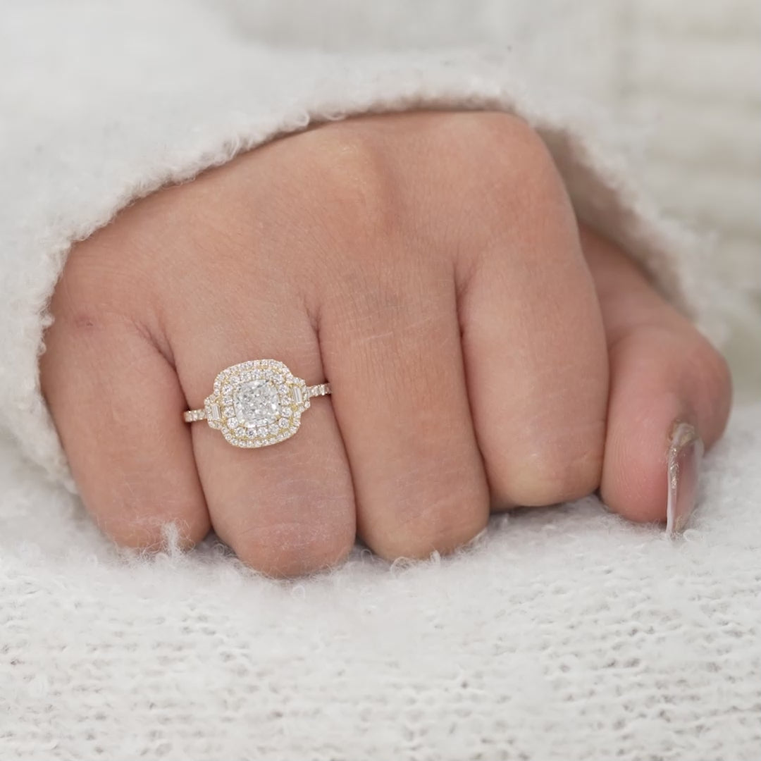 Cushion Cut Lab Diamond Double Halo Gold Engagement Ring