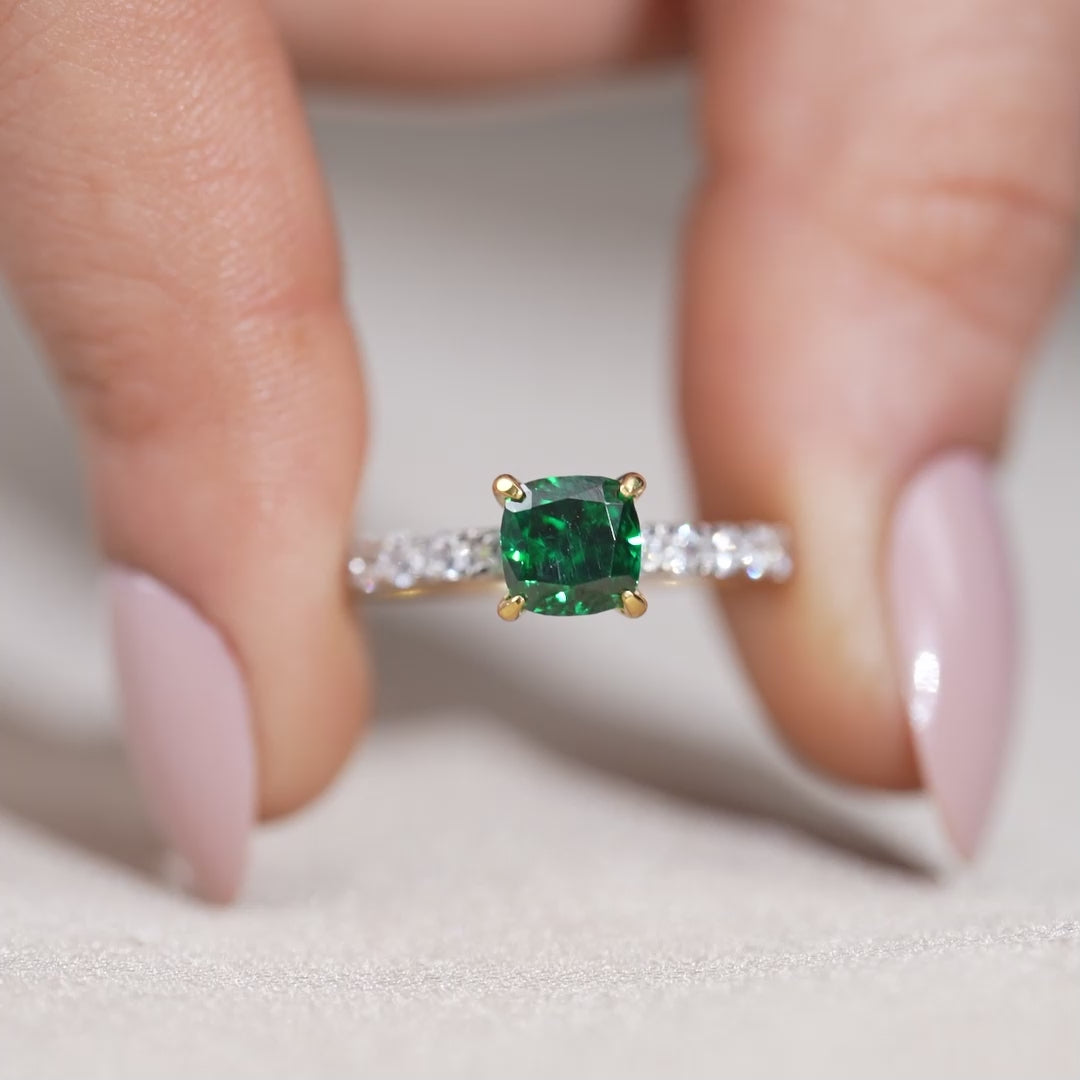 Luxury green lab grown diamond engagement ring slim yellow gold band