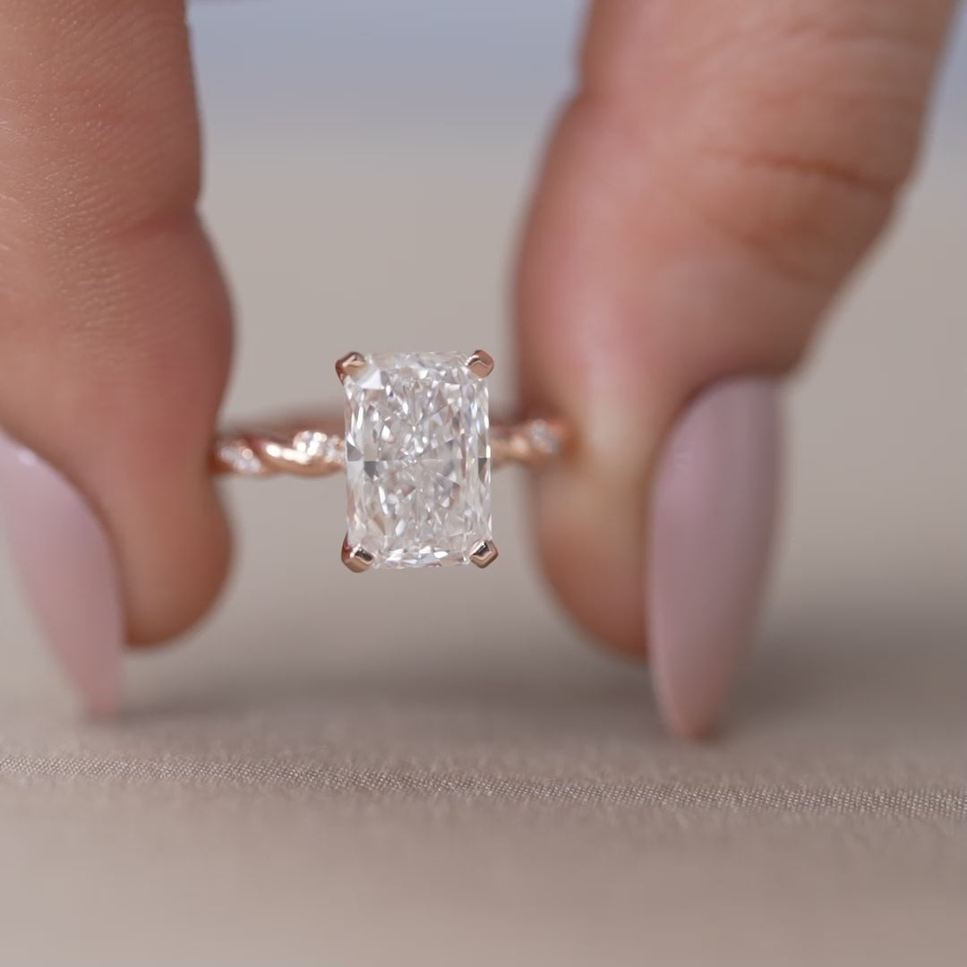 Elegant radiant lab grown diamond ring on rose gold pavé twist