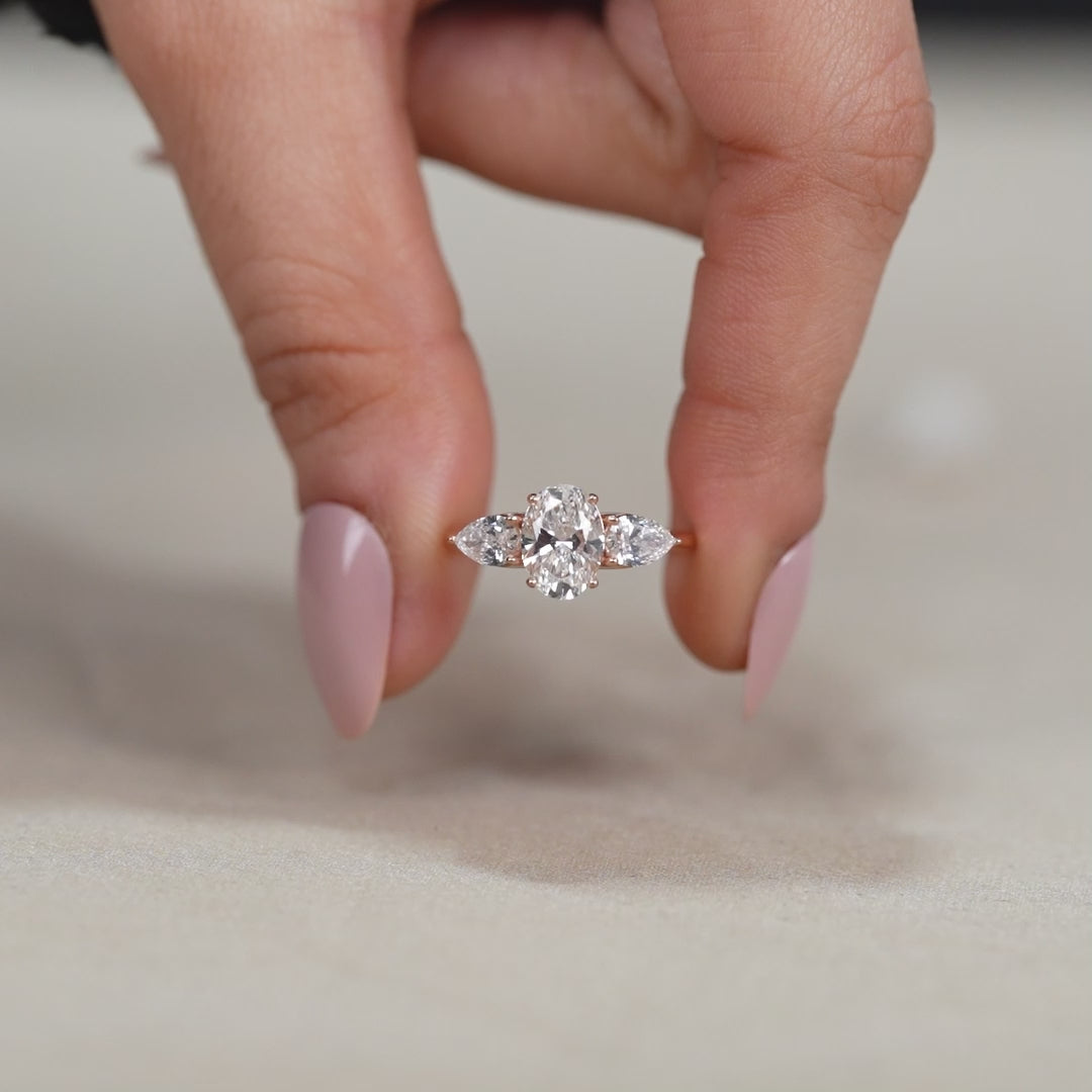Oval cut lab grown diamond three stone ring meaningful gift for wife