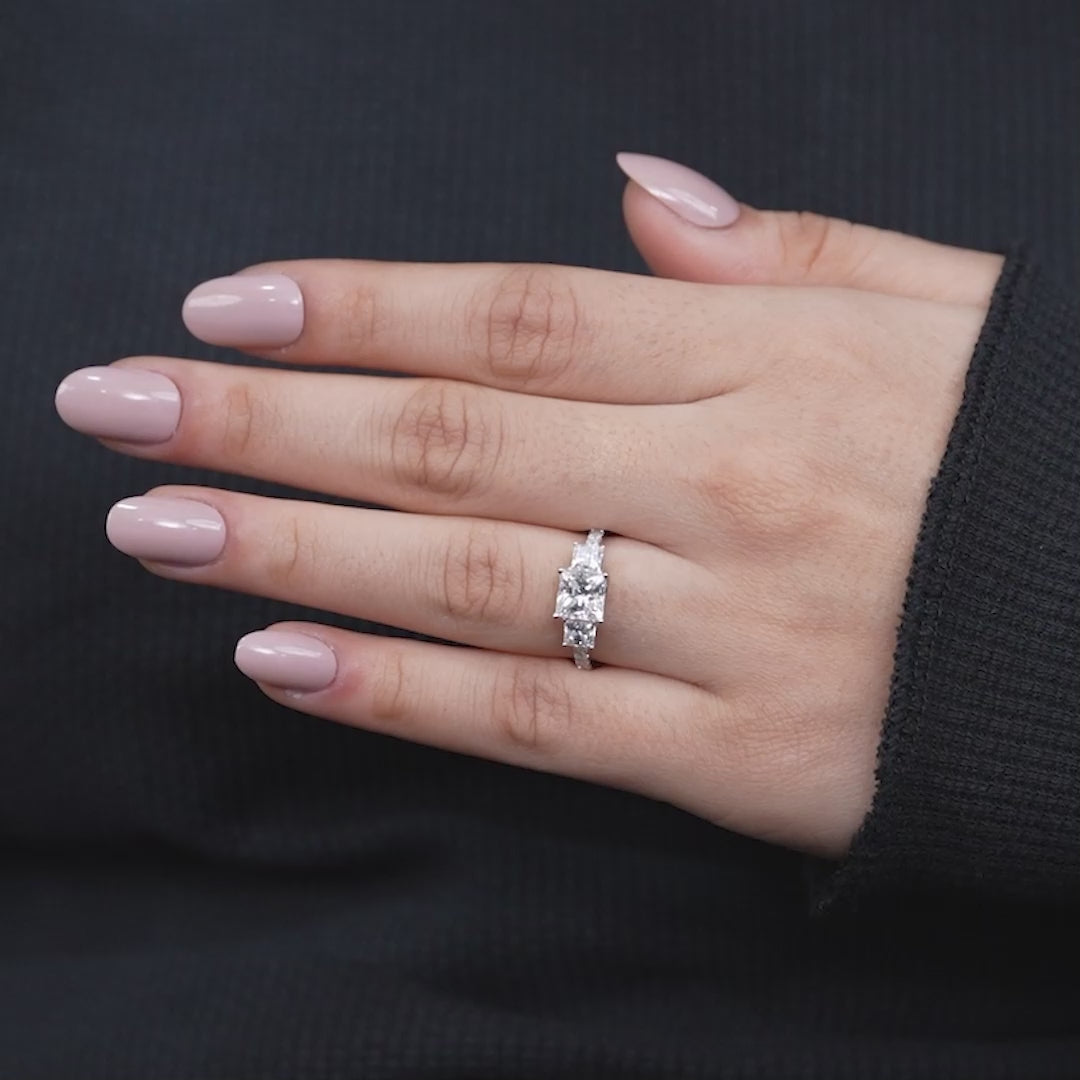 Three Stone Princess Cut Lab Diamond Ring with Pavé Band