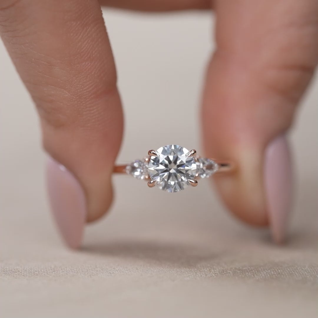 Three Stone Round Lab Diamond Engagement Ring with Pear Side Stones