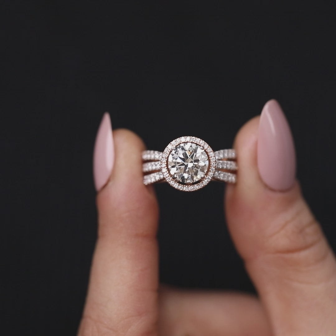 Triple Split Shank Halo Lab Grown Diamond Engagement Ring, Ethical Lumina Ring