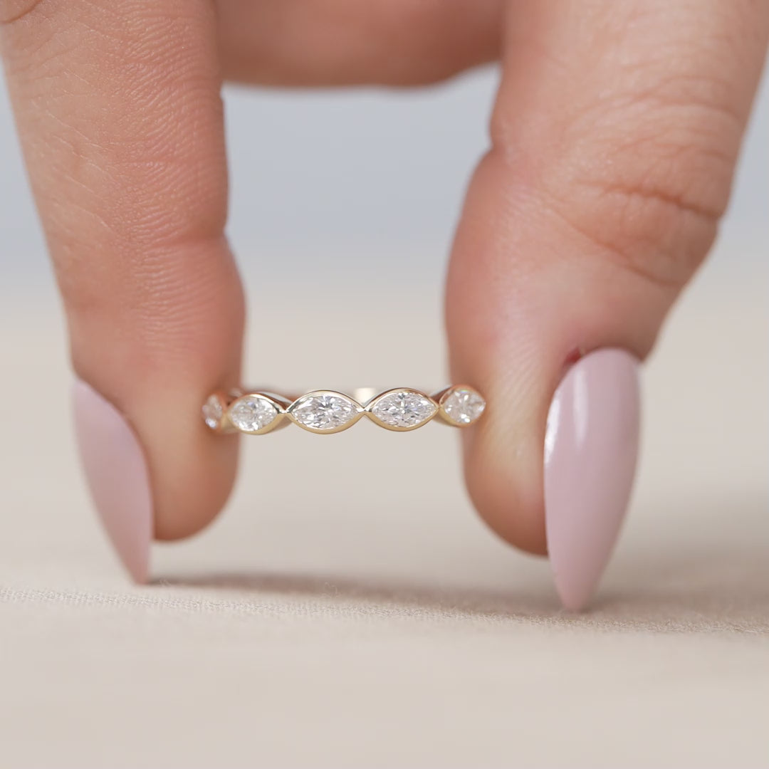 Stackable bezel set marquise band showcasing lab grown diamonds delicate everyday style