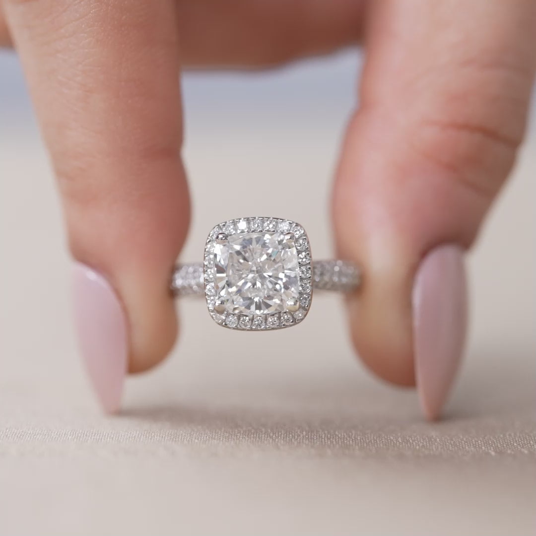 Square cushion lab grown diamond ring with pavé halo and band