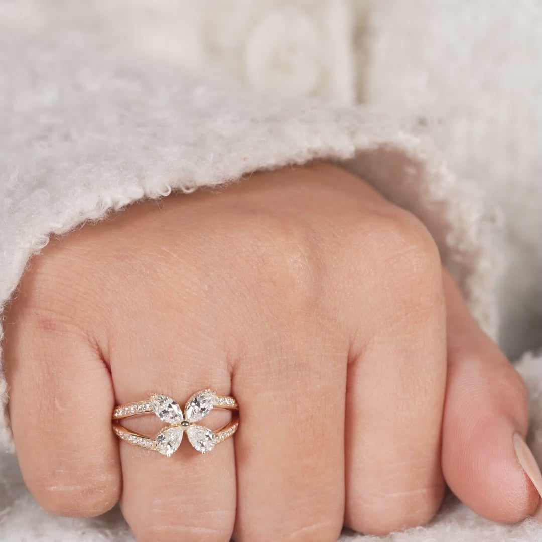 Marquise Diamond Butterfly Ring with Split Shank Pavé Band