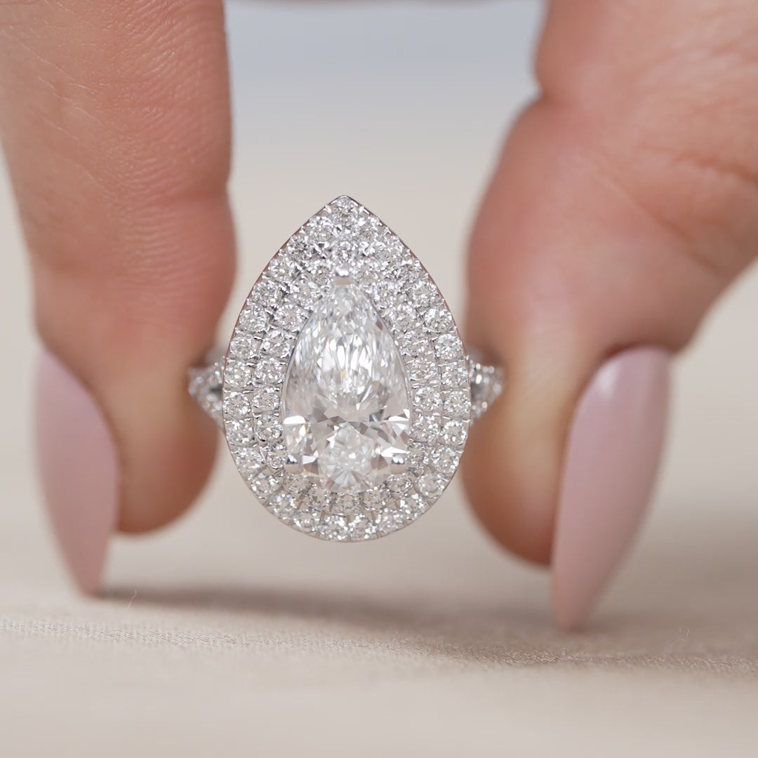 Lab grown diamond pear double halo ring perfect wedding occasion gift