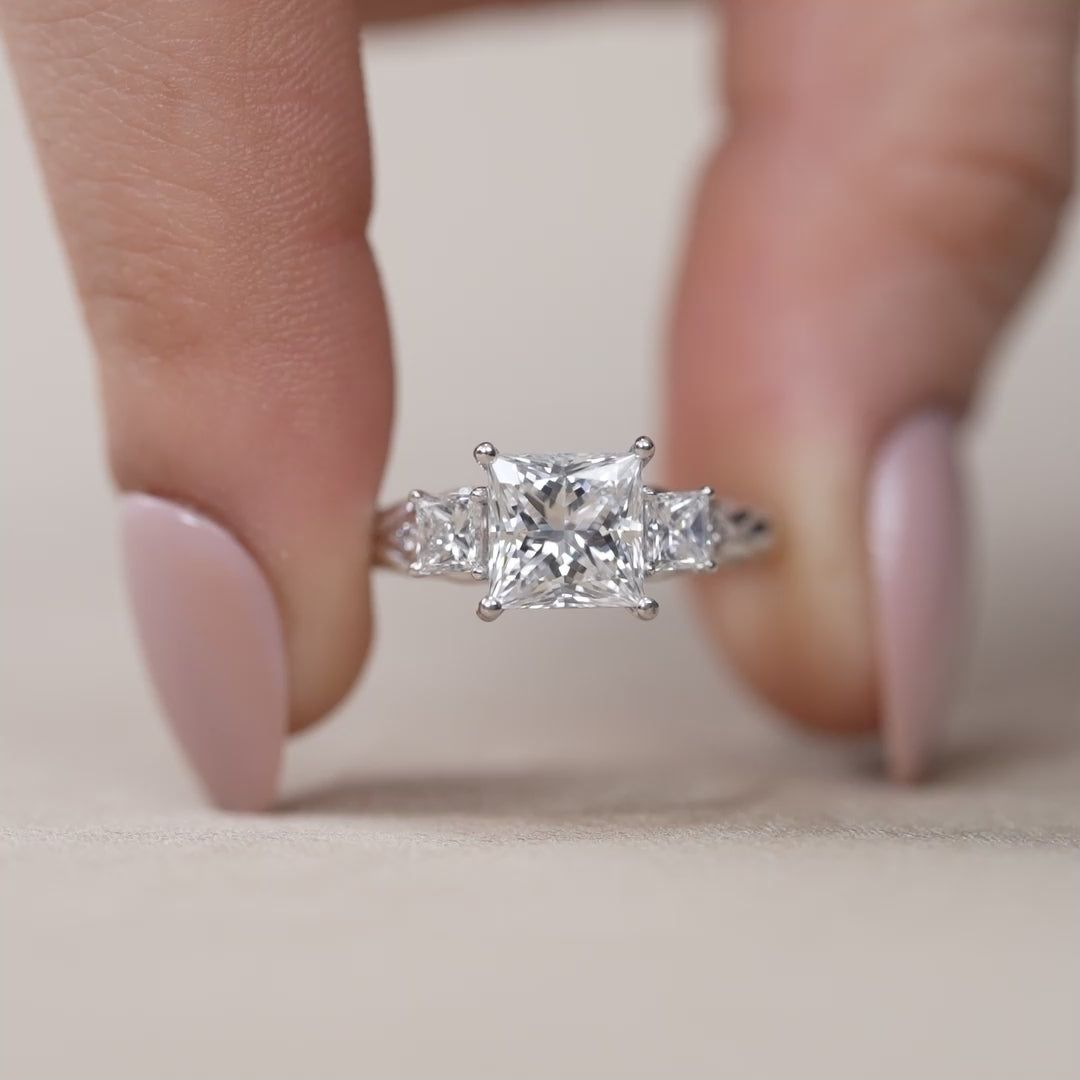 Three Stone Princess Lab Diamond Engagement Ring with Twisted Band