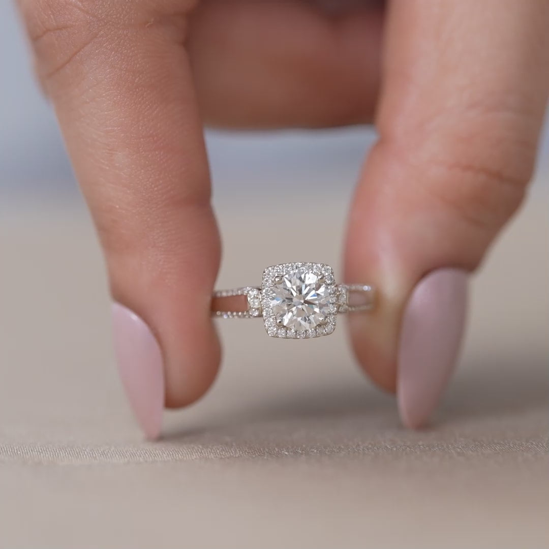 Cushion halo setting with round lab grown diamond in white gold