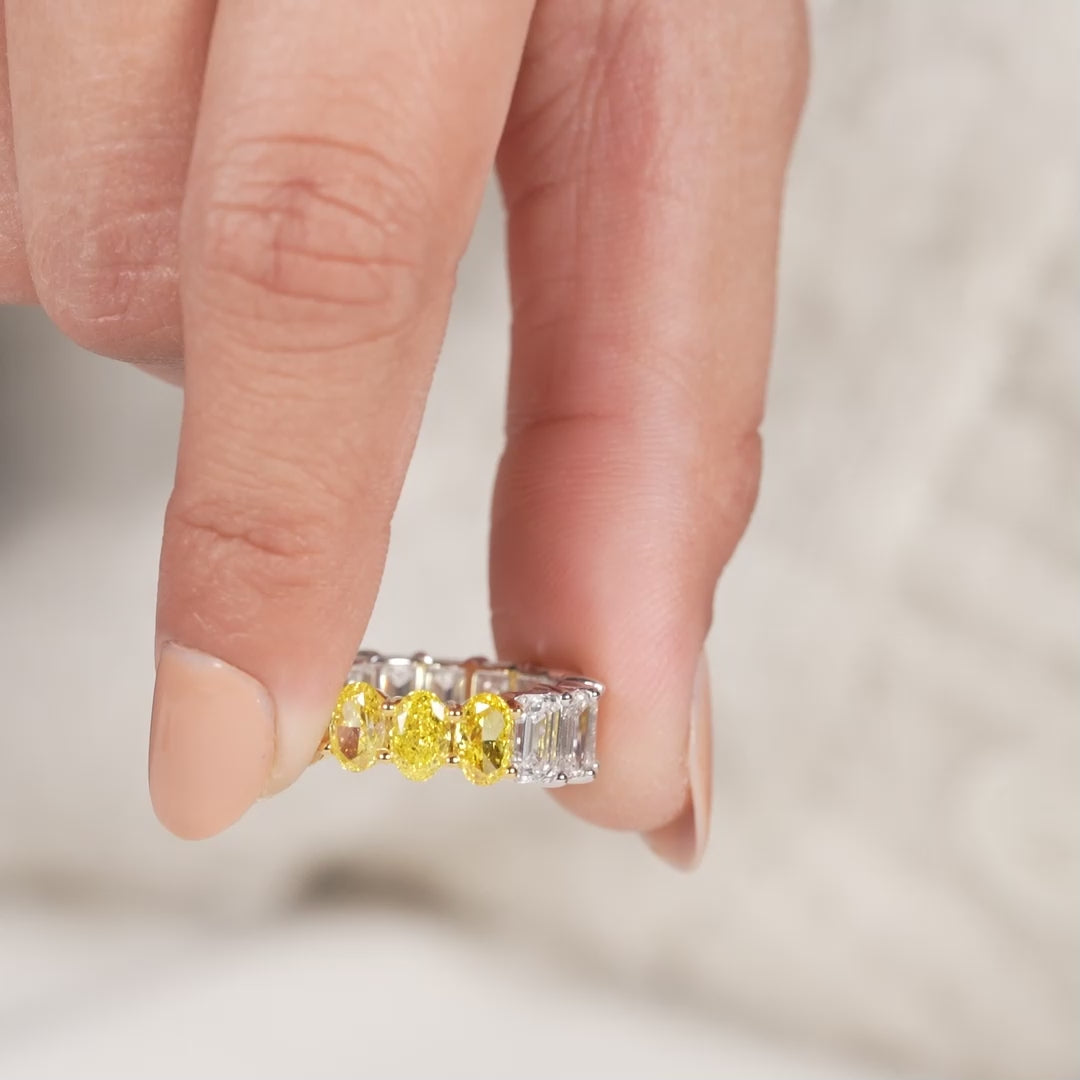 Two Tone Eternity Wedding Band with Emerald and Yellow Oval Diamonds