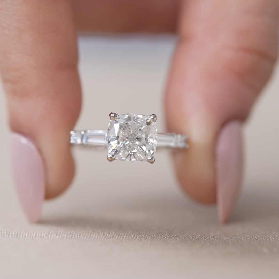 Elegant cushion lab grown diamond ring with baguette side stones