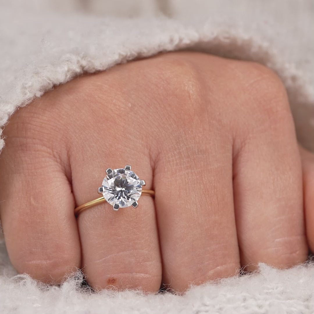 Timeless round cut lab grown diamond ring with six prong solitaire setting