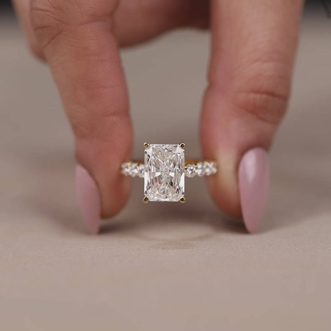 Lab grown radiant cut diamond ring featuring vintage inspired side detailing
