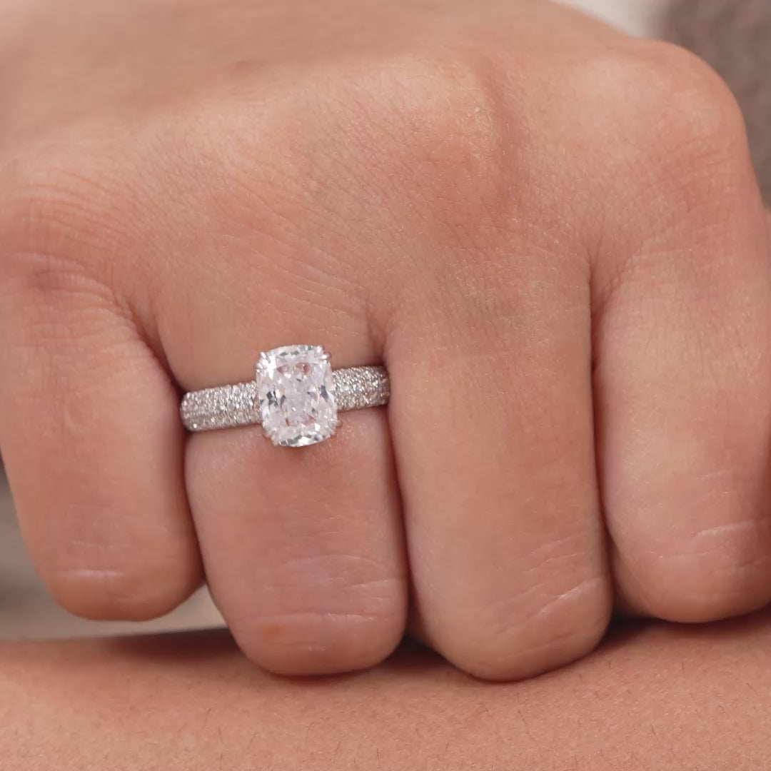 Cushion Cut Lab Diamond Engagement Ring With Pave Band