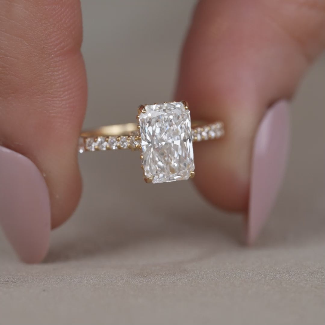 Radiant lab grown diamond solitaire ring with delicate pavé shank