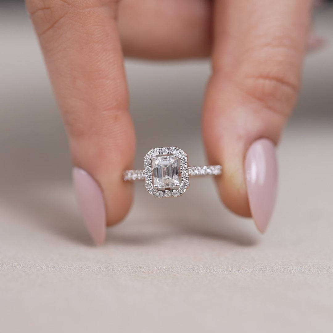 Classic emerald cut halo ring showcasing lab grown diamond timeless beauty