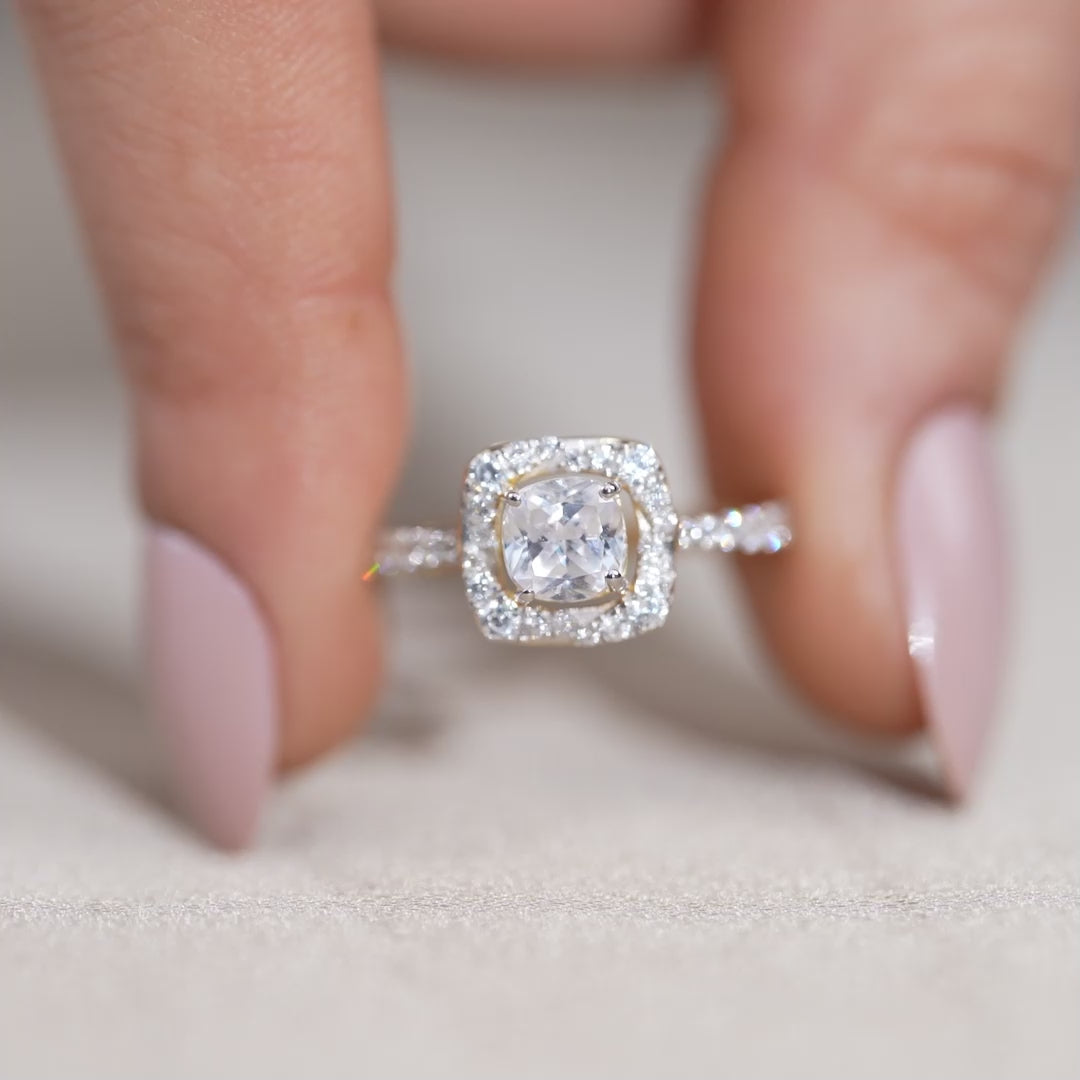 Round lab grown diamond halo engagement ring with yellow gold band