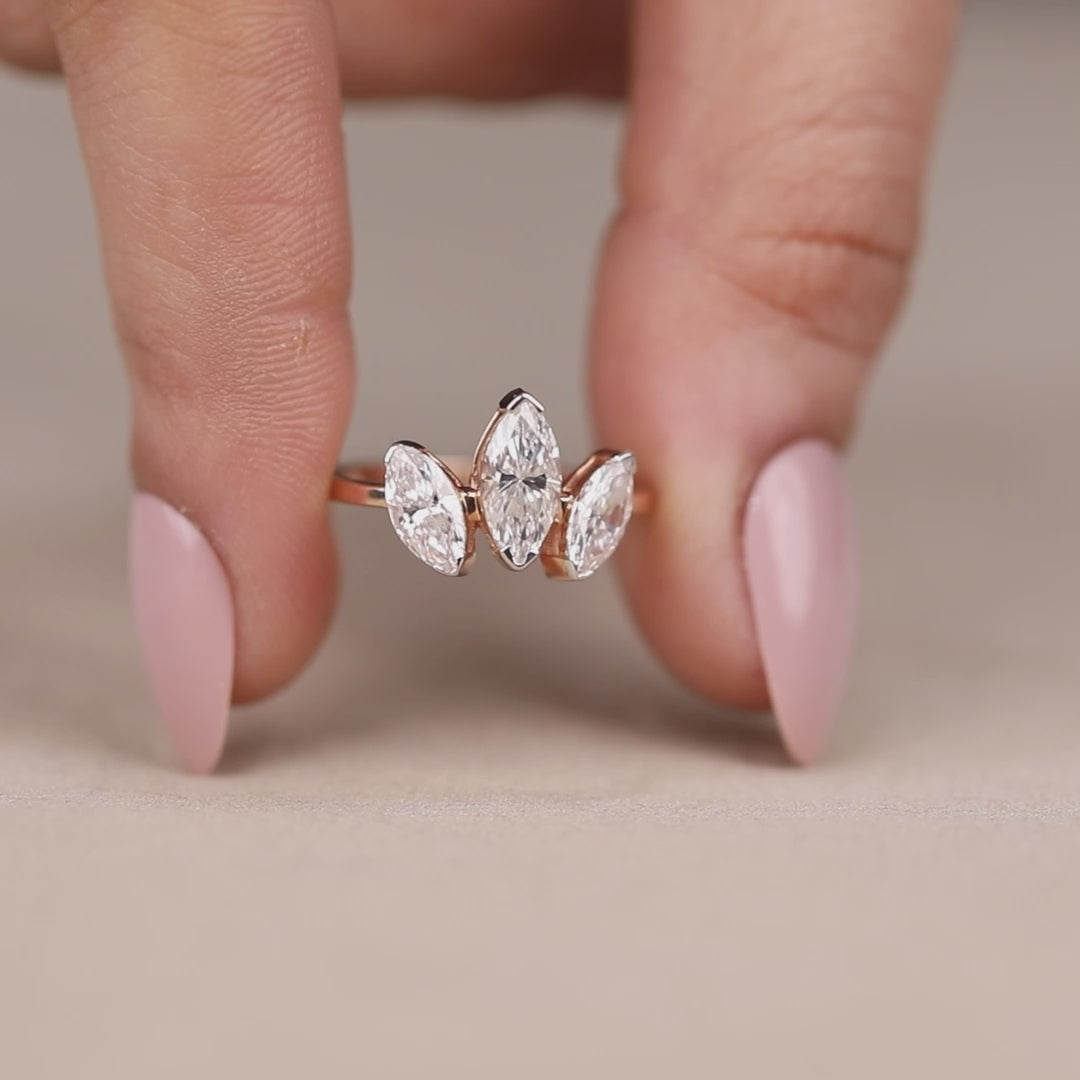 Three stone marquise lab created diamond engagement ring