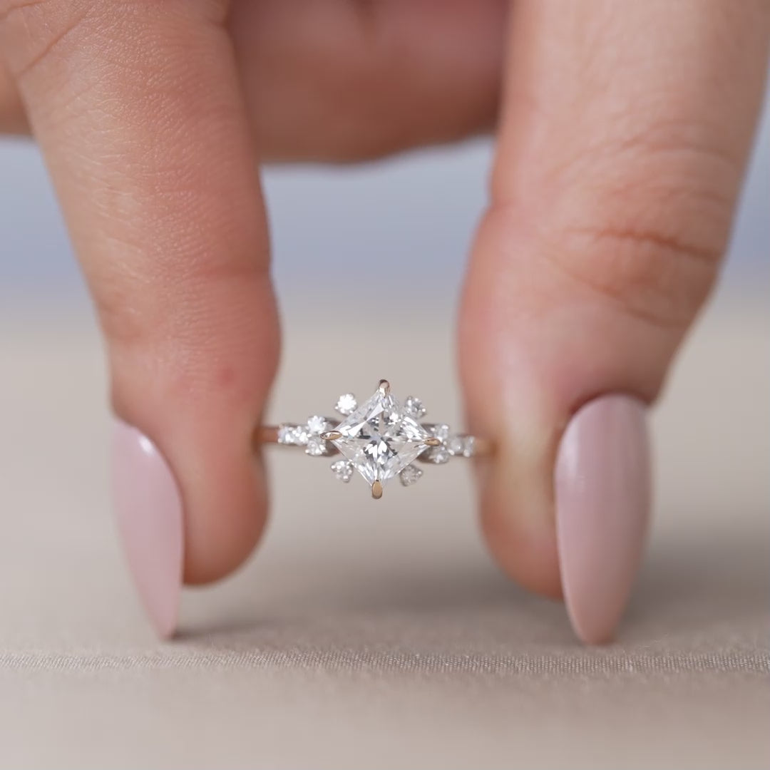 Square princess lab grown diamond ring with delicate cluster shoulders