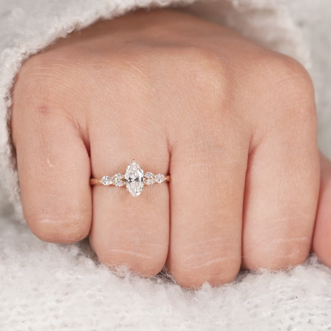 Marquise Cut Lab Diamond Engagement Ring with Floral Side Stones