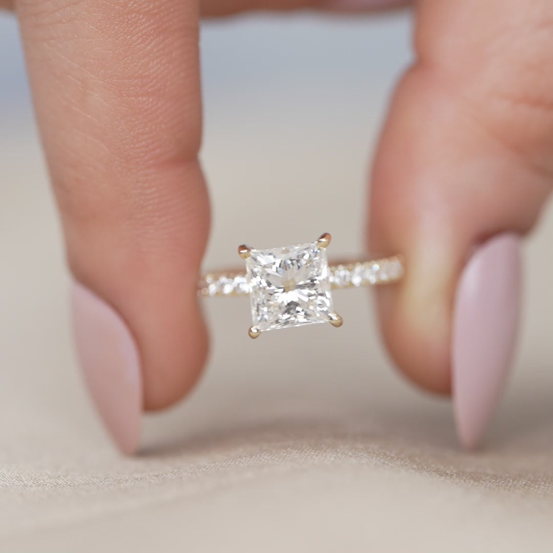 Lab grown diamond princess cut ring featuring elegant hidden halo