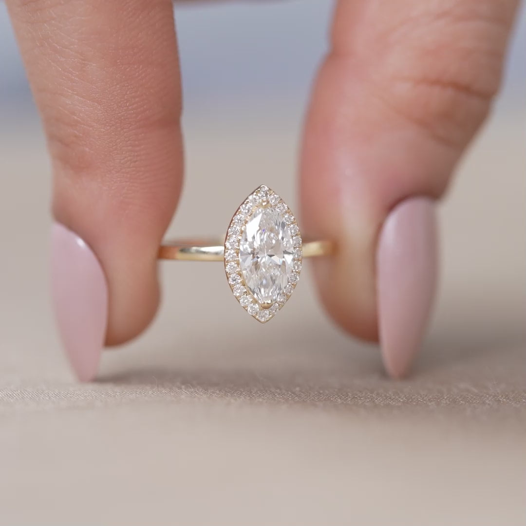 Elegant Marquise Diamond Halo Ring – Minimal Gold Band